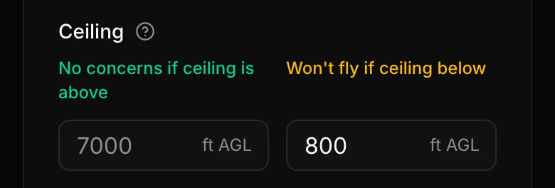 Ceiling minimums with a comfort value of 7000 ft AGL and a limit of 800 ft AGL