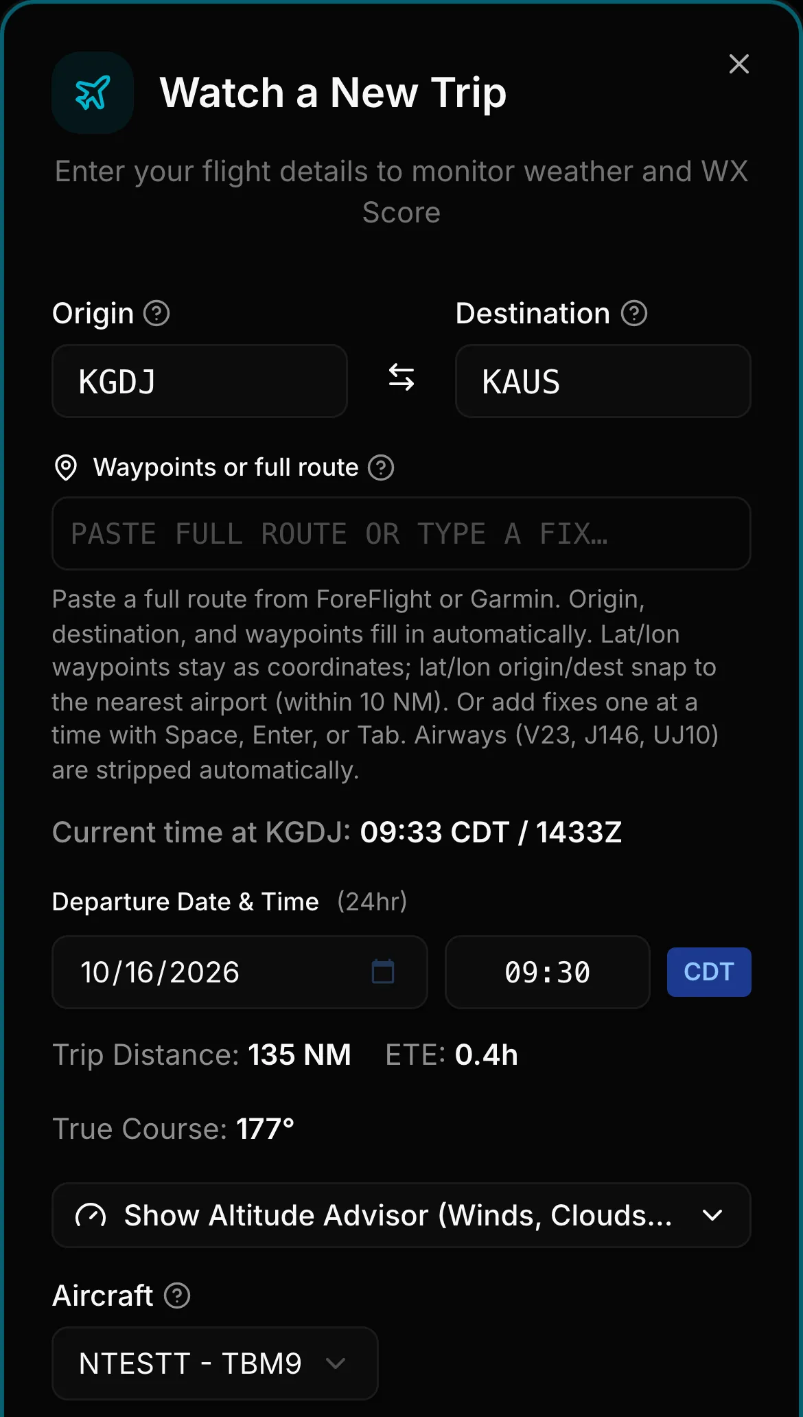 Watch a New Trip dialog on a phone filled in for KGDJ to KAUS with date, time and aircraft