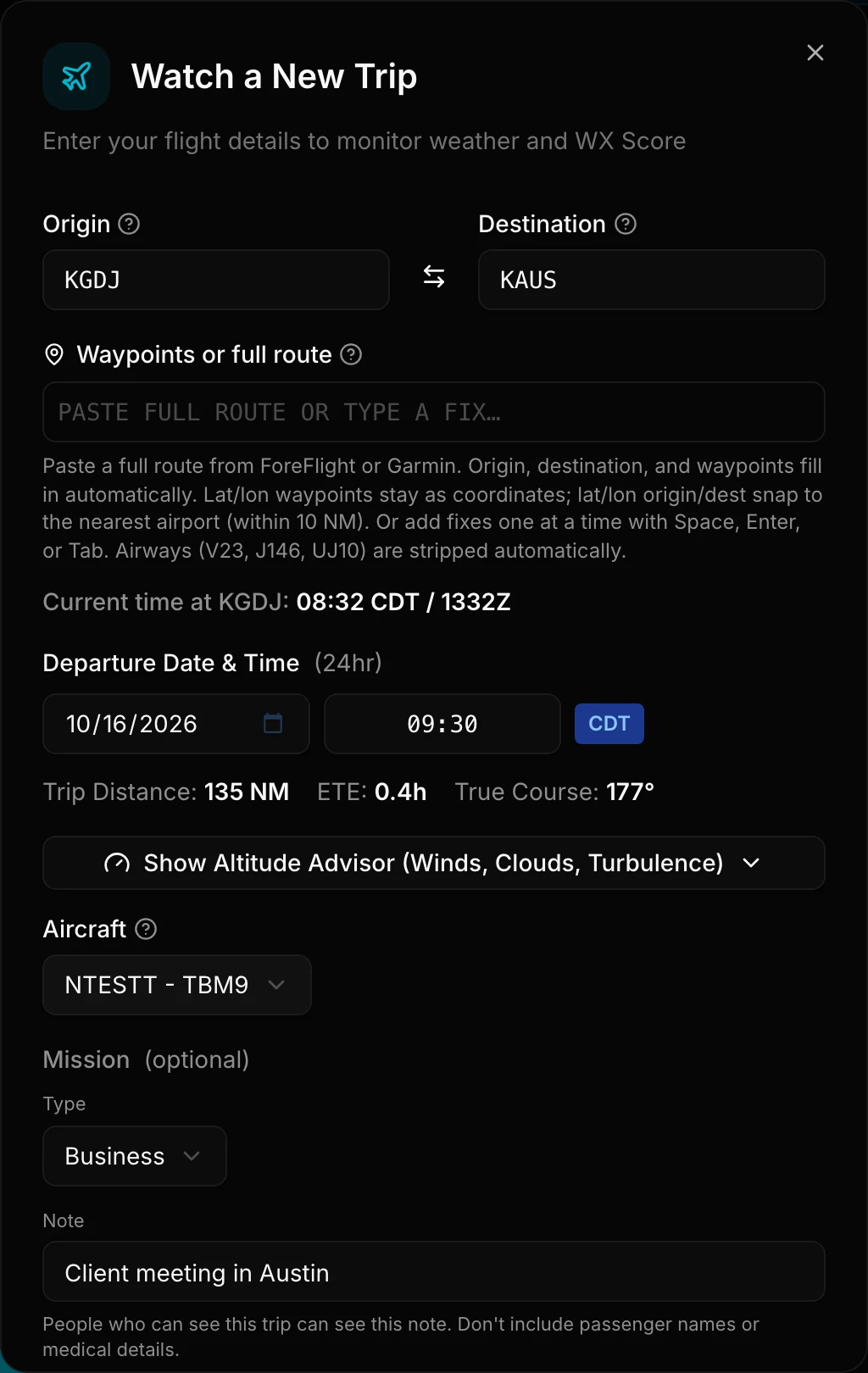 Watch a New Trip dialog filled in for KGDJ to KAUS with date, time, aircraft NTESTT and a Business mission