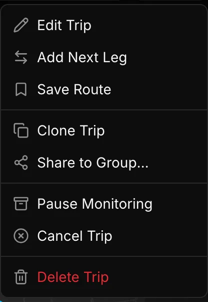 Trip actions menu on a briefing