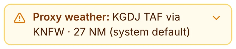 Proxy weather line: KGDJ TAF via KNFW, 27 NM, system default