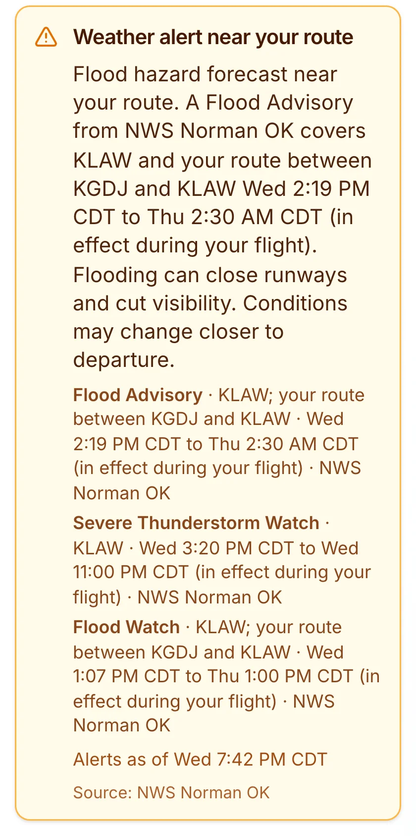 Weather alert near your route banner listing a Flood Advisory, Severe Thunderstorm Watch, and Flood Watch