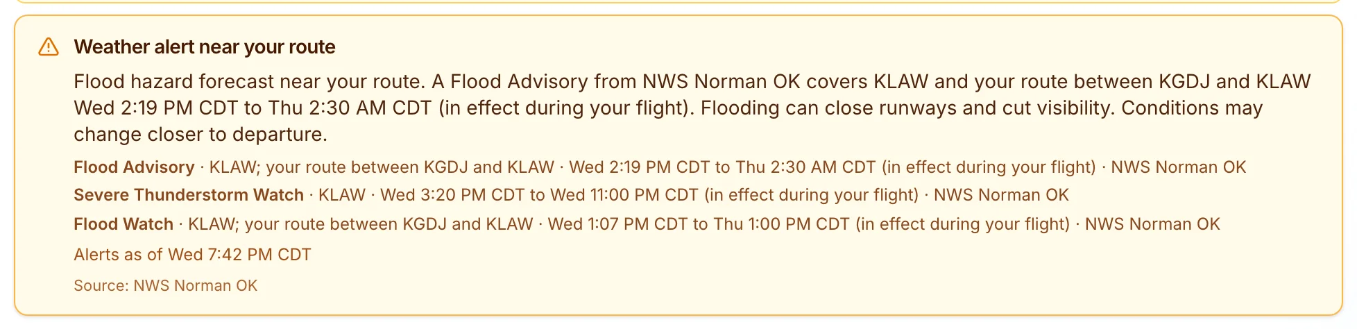 Weather alert near your route banner listing a Flood Advisory, Severe Thunderstorm Watch, and Flood Watch