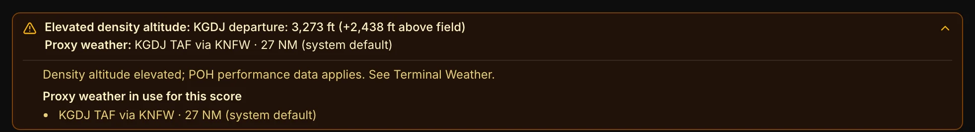 Caution strip expanded above the score, listing density altitude and proxy weather notes